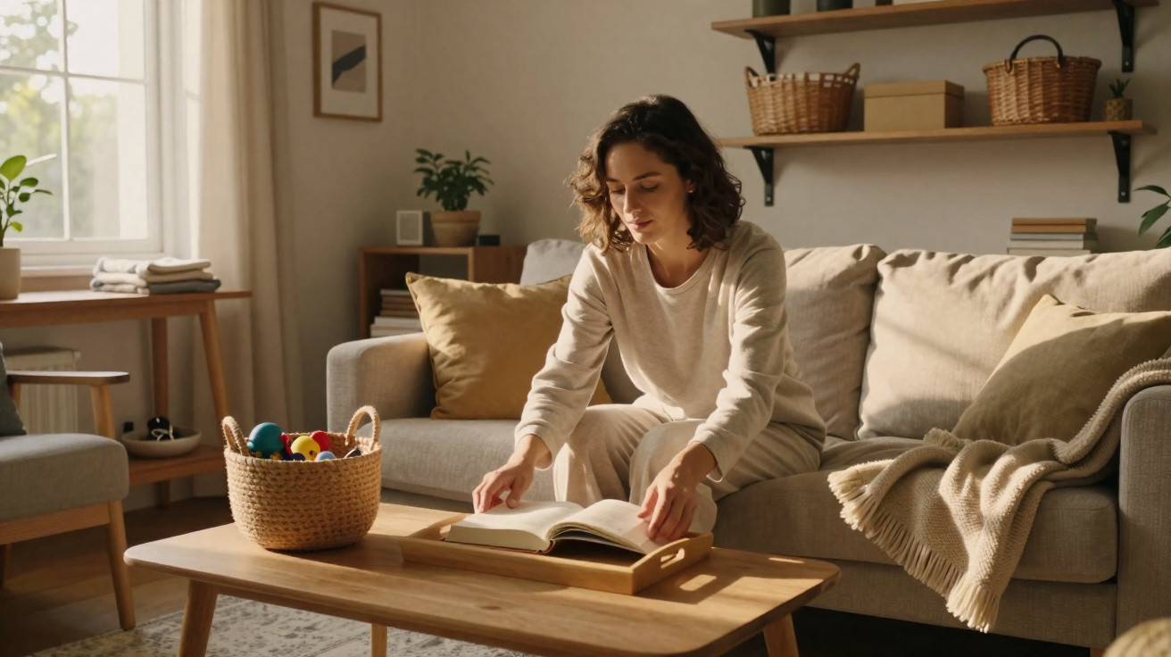 Frau sitzt auf Sofa im Wohnzimmer und liest ein Buch, umgeben von Körben und Kissen.
