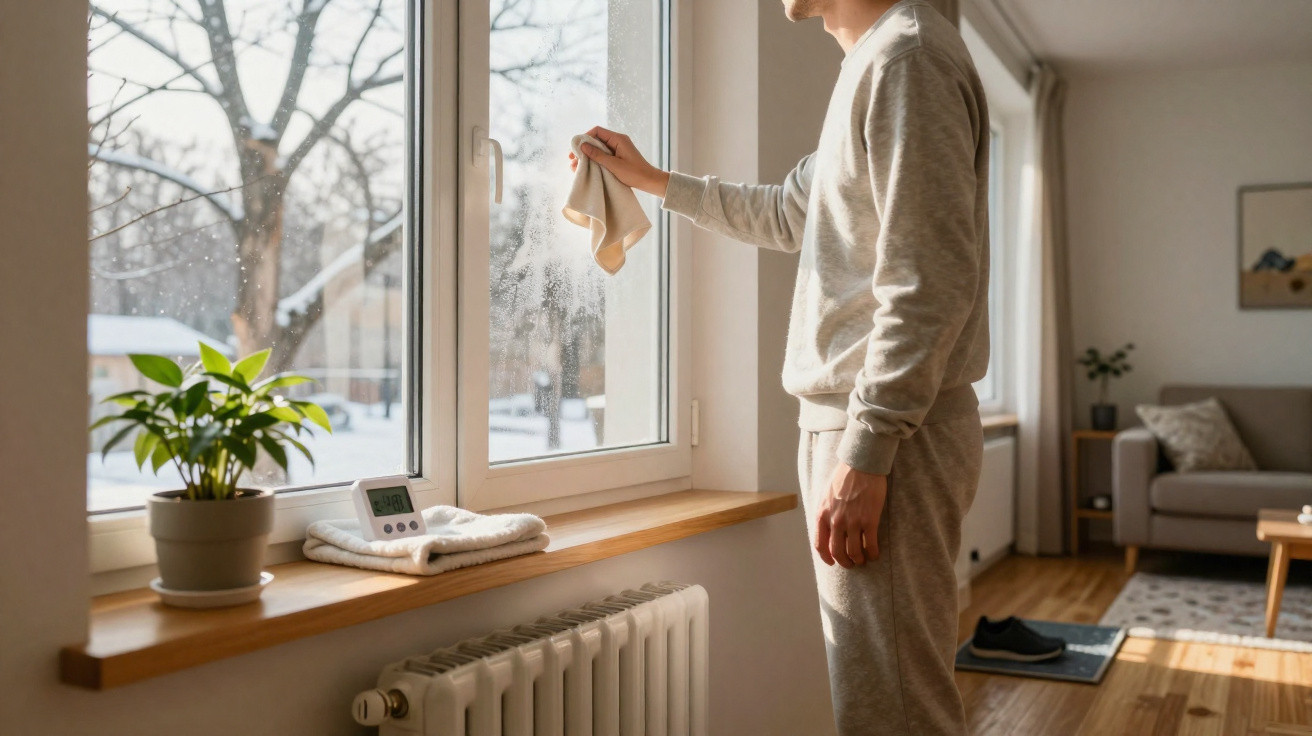 Ein Mann wischt mit einem Tuch ein beschlagenes Fenster in einem hellen Wohnzimmer ab.
