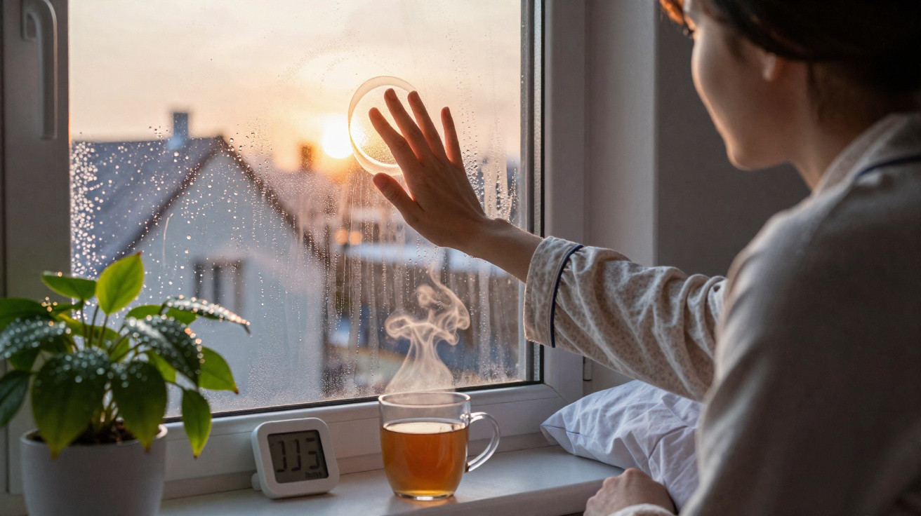 Frau wischt beschlagenes Fenster am Morgen, dampfende Tasse Tee und Pflanze auf Fensterbank sichtbar.