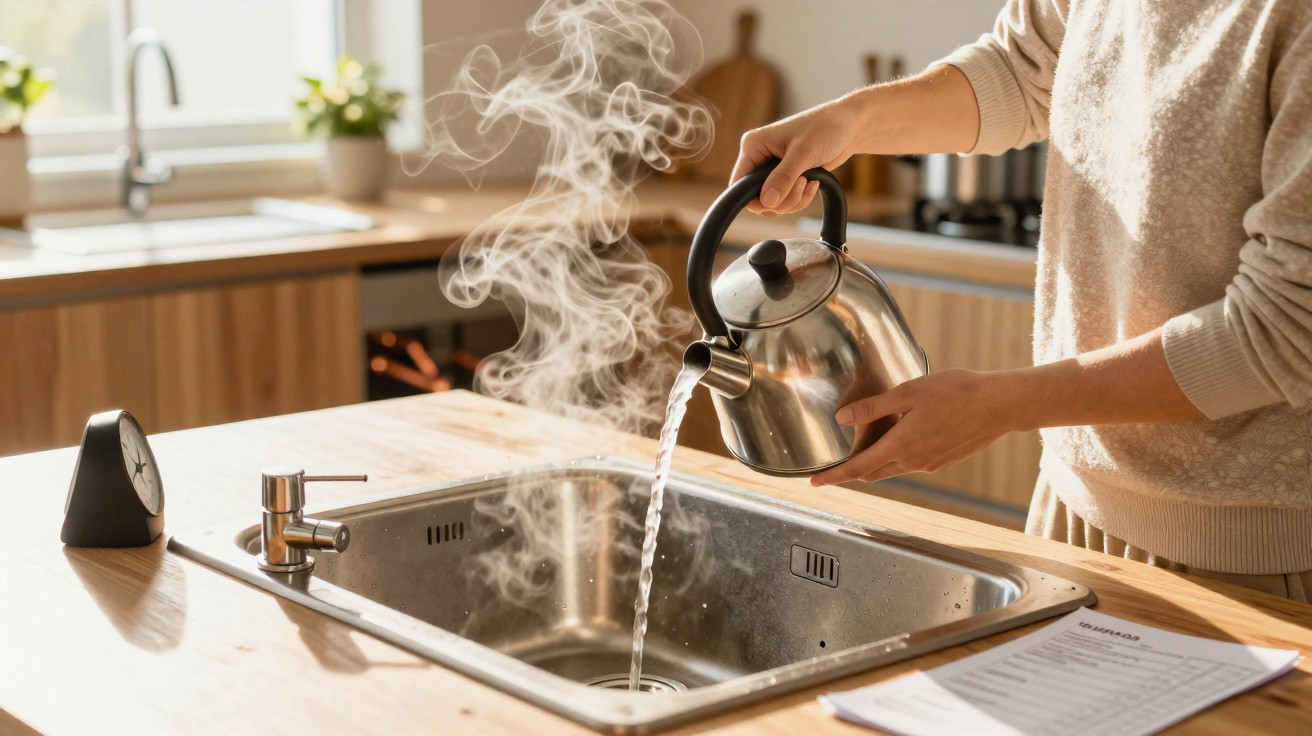 Person gießt heißen Wasserdampf aus Teekessel in Küchenspüle mit moderner Armatur bei Tageslicht.