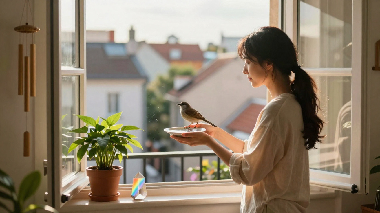 Frau hält Vogel auf Teller am offenen Fenster, sonniger Tag, Zimmerpflanze auf Fensterbank sichtbar.
