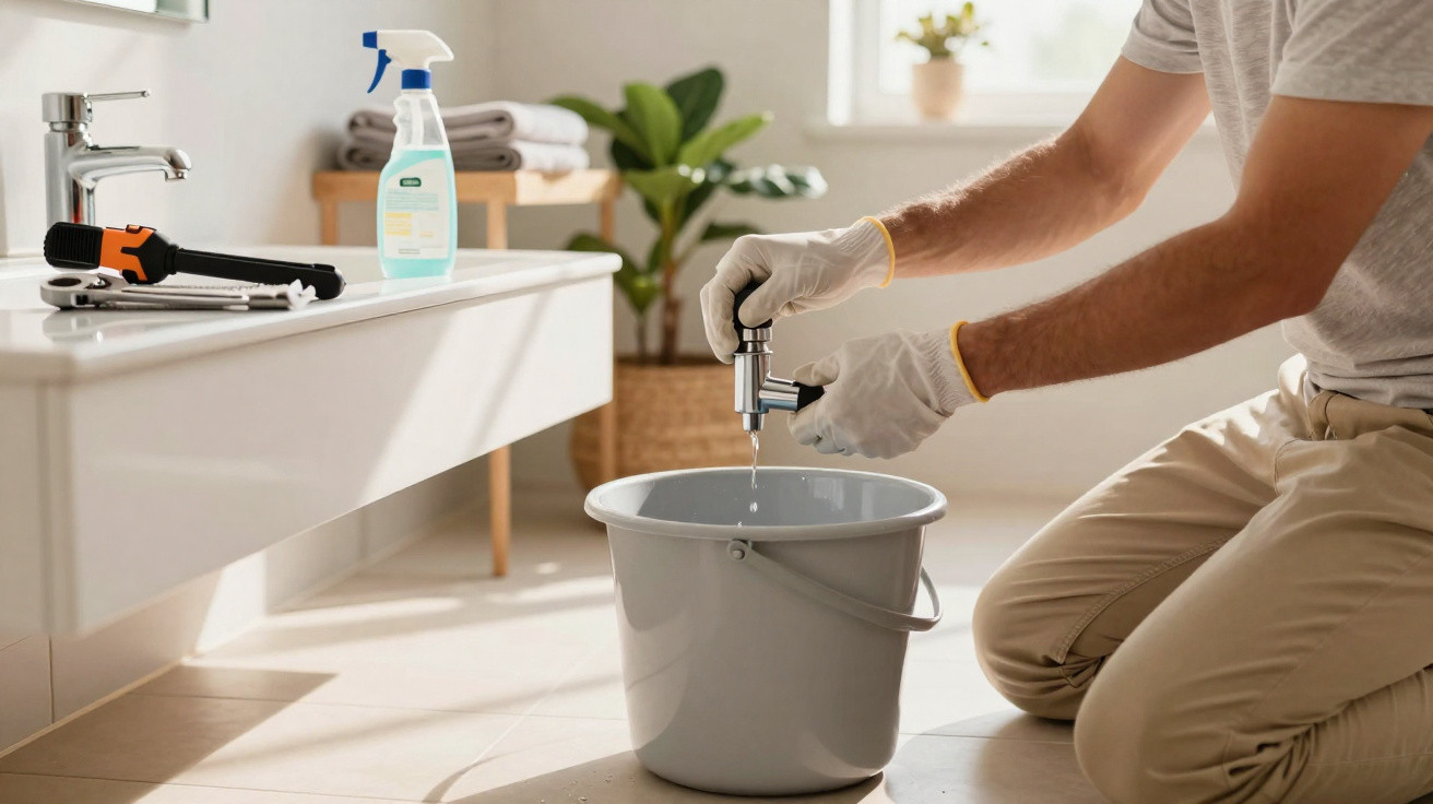 Mann mit Handschuhen repariert Wasserhahn über einem Eimer im hellen Badezimmer.