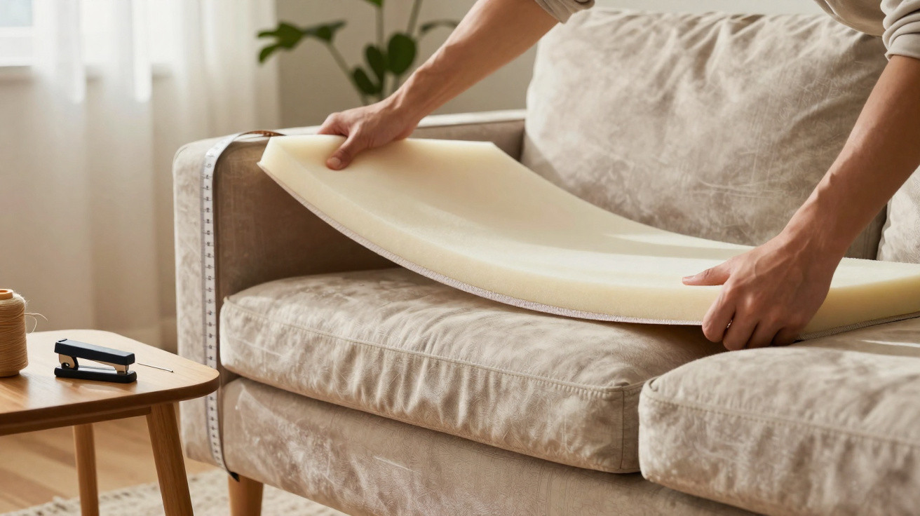 Person legt Schaumstoffpolster auf einen gemütlichen, cremefarbenen Sofa-Sitz im Wohnzimmer.
