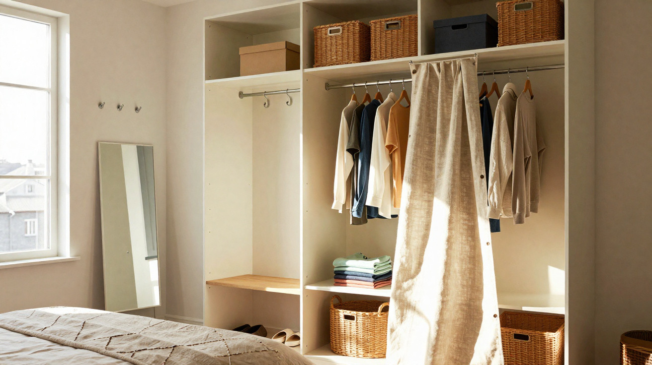Heller Kleiderschrank mit hängender Kleidung, Wäschekörben und natürlichem Licht durch Fenster im Schlafzimmer.