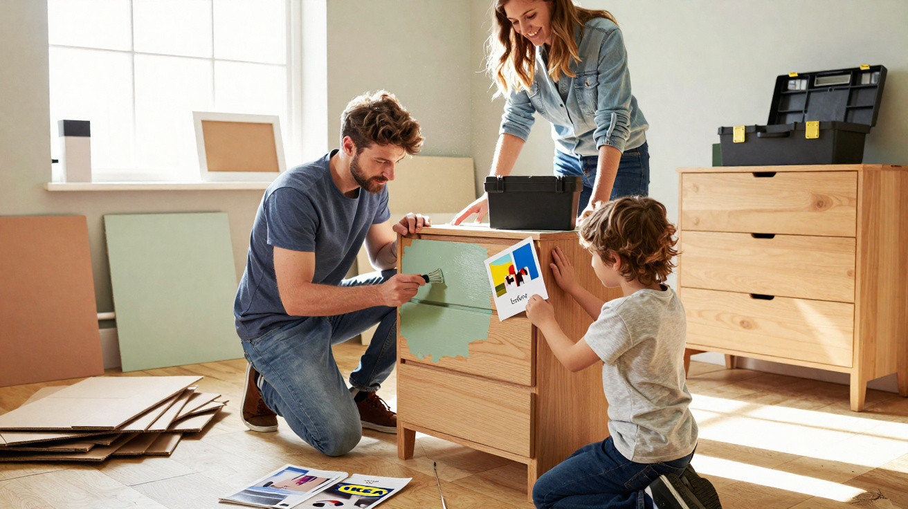 Familie streicht gemeinsam Kommode in hellem, sonnendurchflutetem Raum während Renovierung.