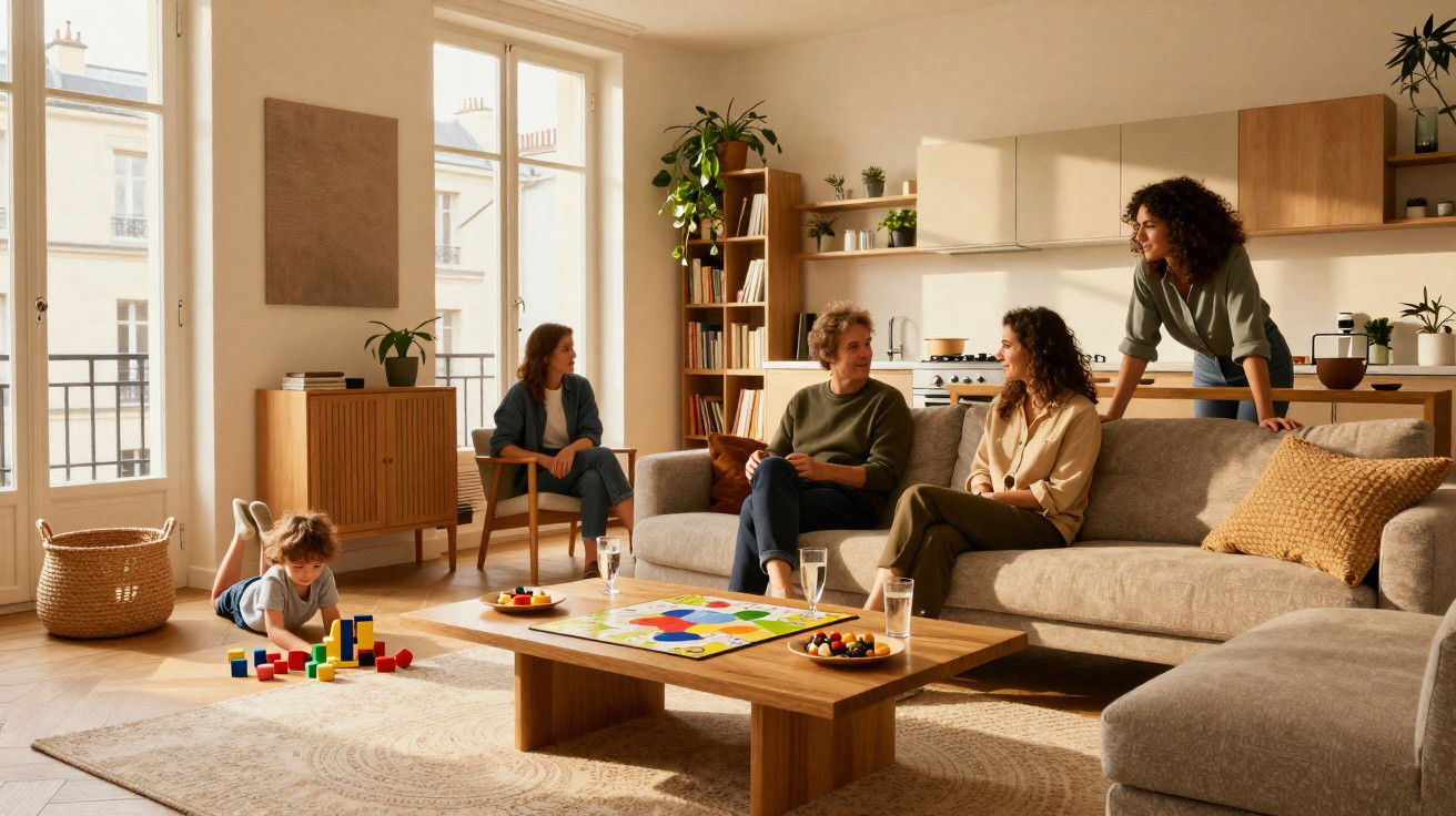 Familie verbringt Zeit im gemütlichen Wohnzimmer mit Sofa, Spielbrett und Kinderbauklötzen.