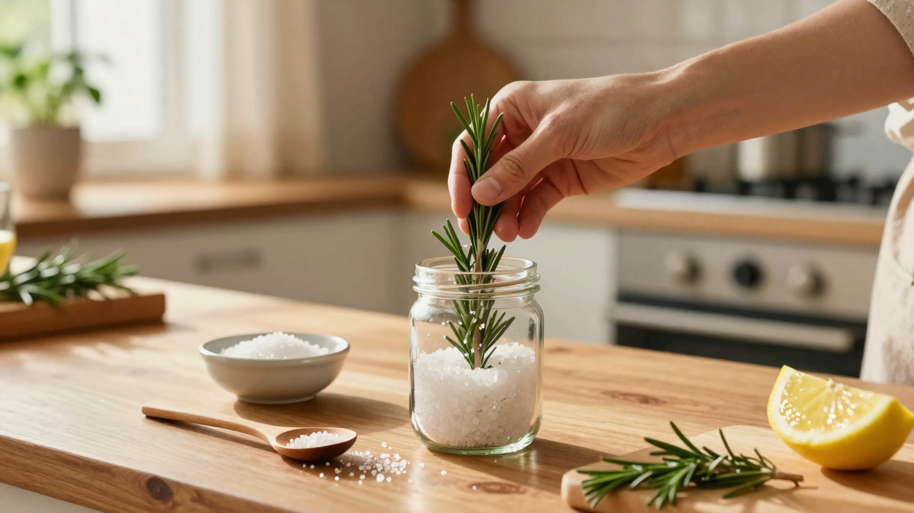 Hand steckt Rosmarinzweig in ein Glas mit grobem Salz auf einer Küchentheke.