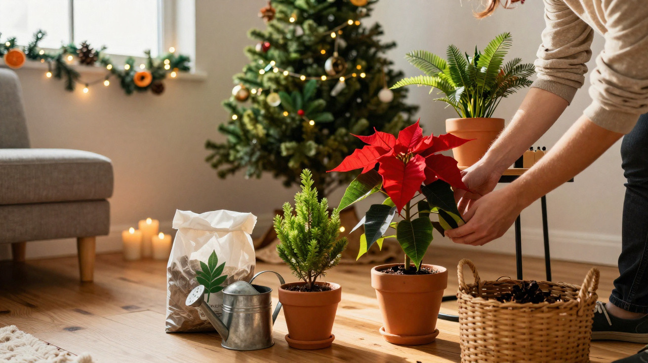 Person arrangiert Weihnachtsstern in Blumentopf vor geschmücktem Weihnachtsbaum im Wohnzimmer