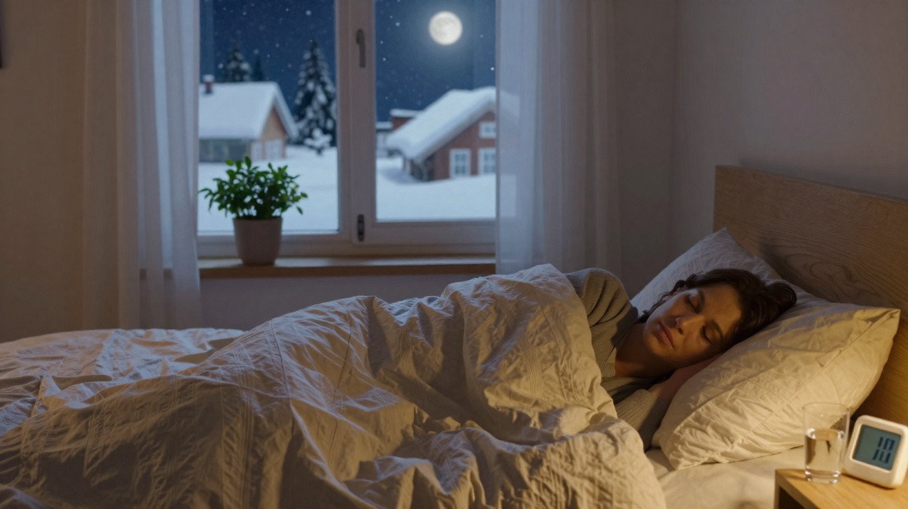 Frau schläft im Bett bei Nacht, Vollmond durch Fenster, Schneelandschaft draußen, gemütliches Schlafzimmer.