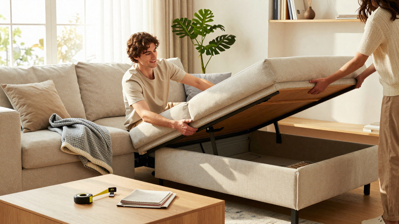 Paar hebt Sitzfläche eines Schlafsofas an, um Stauraum im hellen Wohnzimmer zu öffnen.