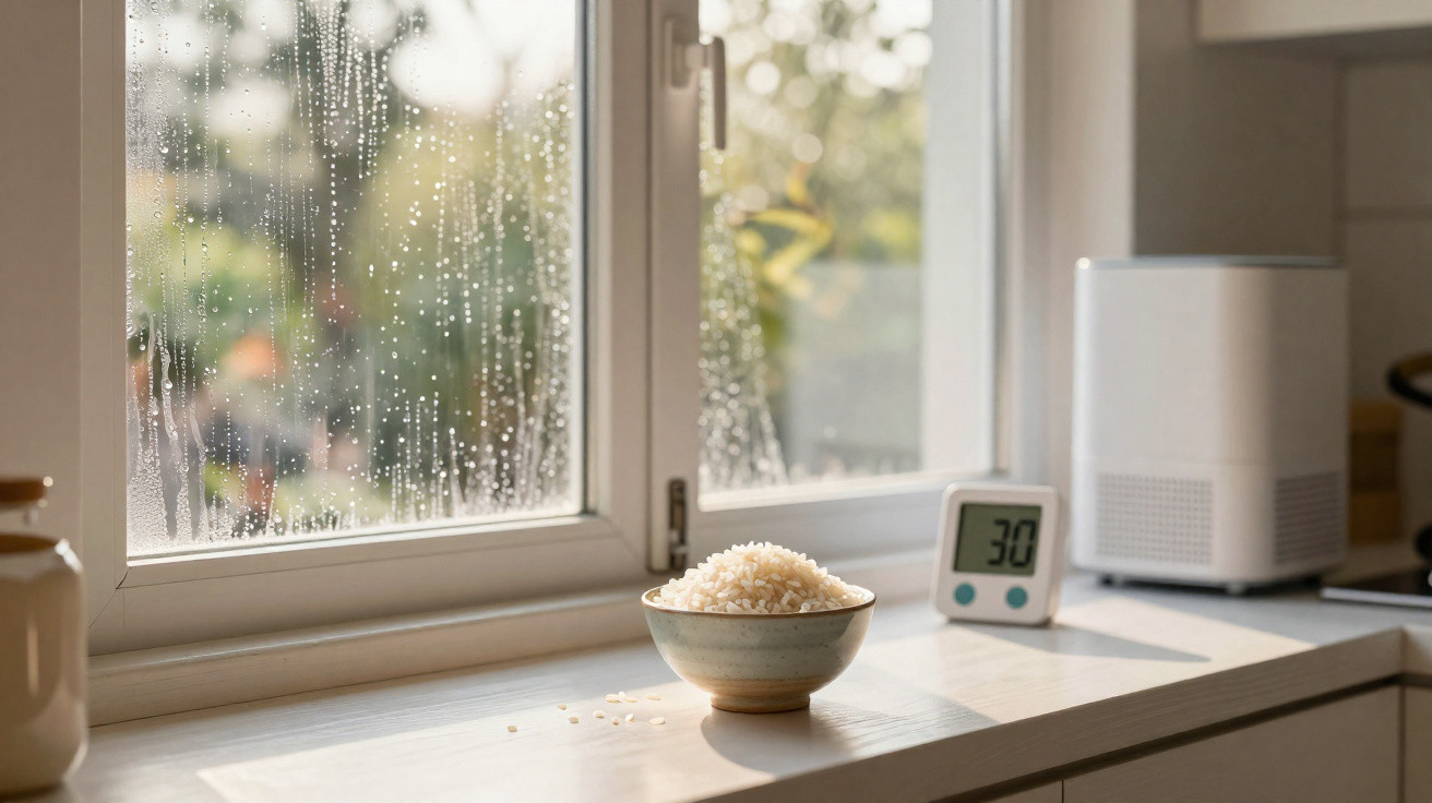 Schüssel mit Reis vor einem feuchten Fenster in einer hellen, modernen Küche bei Tageslicht.