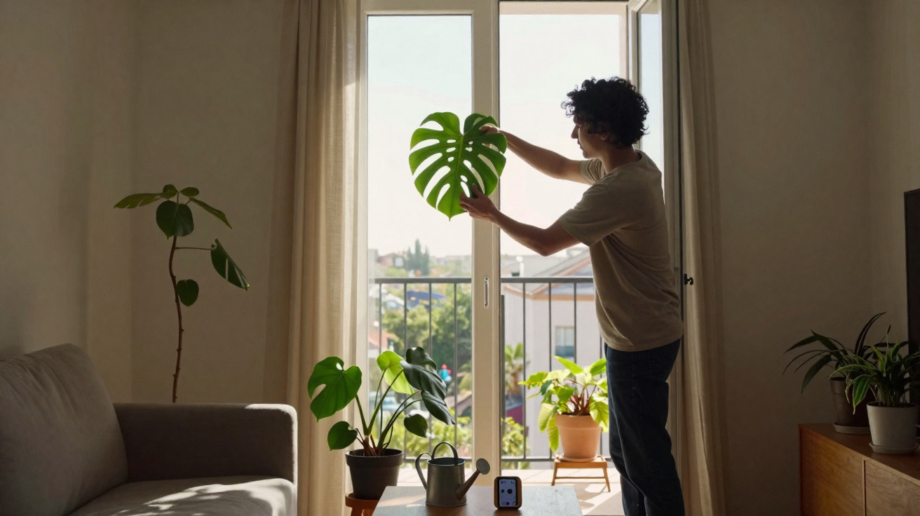 Person stellt große grüne Zimmerpflanze vor bodentiefer Fenster mit Balkon an hellem sonnigen Tag.