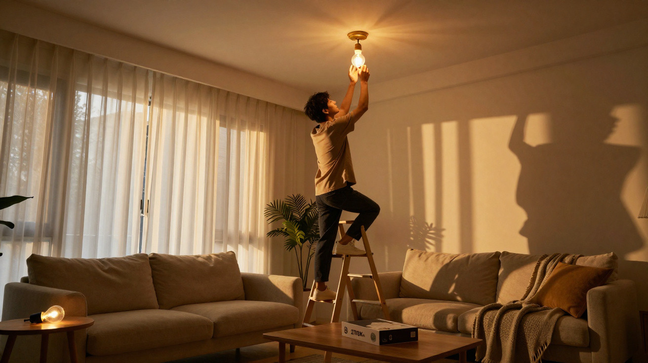 Person steht auf Leiter und wechselt eine Glühbirne an der Deckenlampe in einem gemütlichen Wohnzimmer.