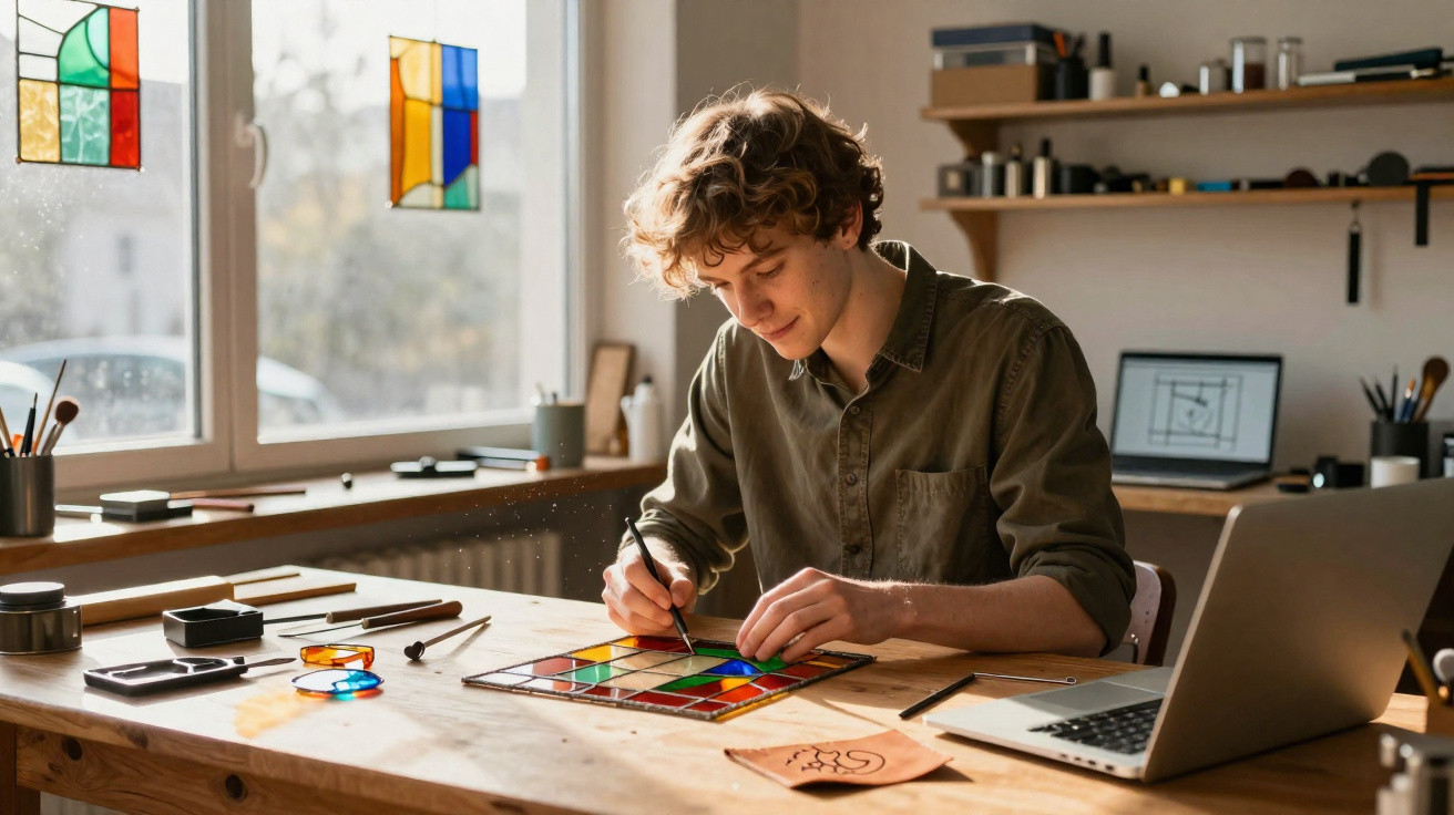 Junger Mann gestaltet farbiges Glasfenster im Atelier mit Laptop und Zeichenmaterial am Holztisch.