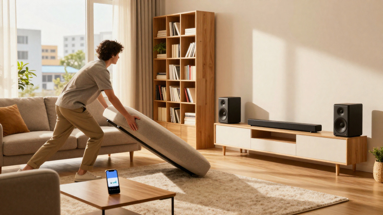 Mann richtet in einem modernen Wohnzimmer ein Sofa auf, Smartphone mit Musik auf dem Tisch.