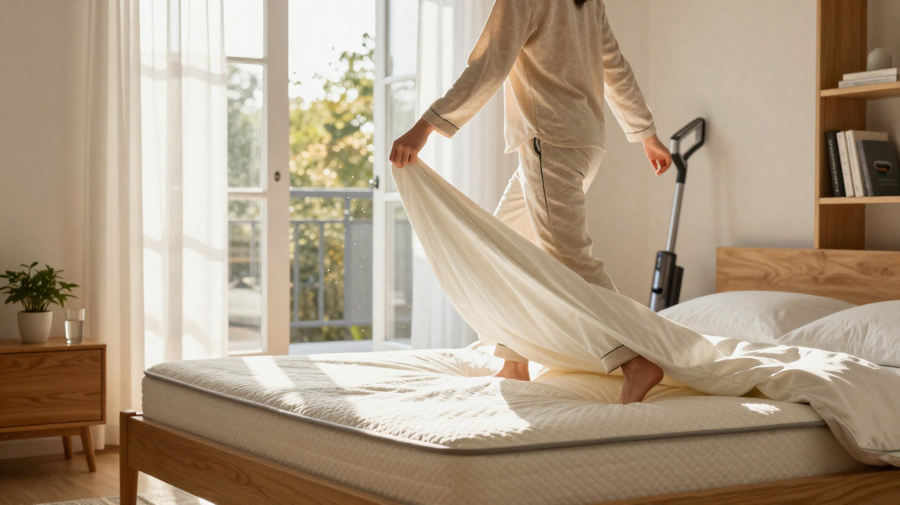 Person macht mit heller Bettwäsche das Bett in einem sonnendurchfluteten Schlafzimmer mit Holzmöbeln.