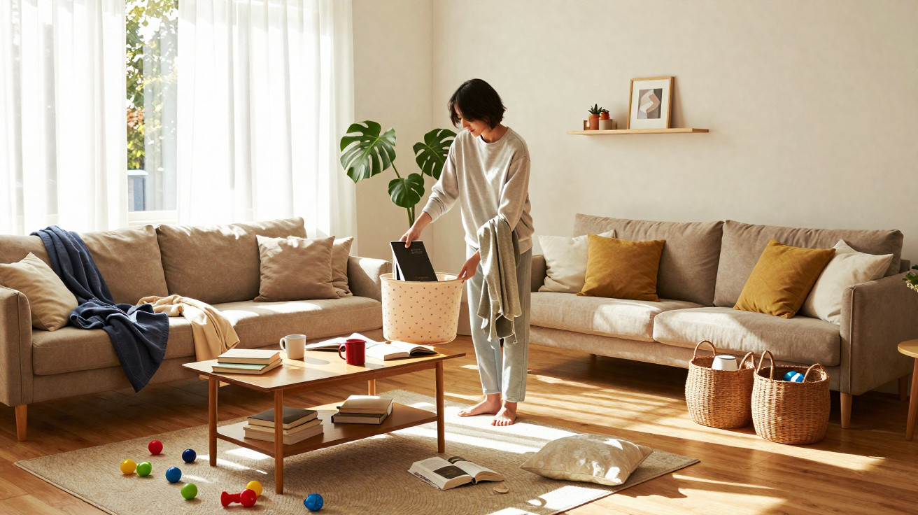 Frau räumt Bücher in einem hellen Wohnzimmer mit zwei Sofas, Couchtisch und Kinderspielzeug auf dem Boden auf.