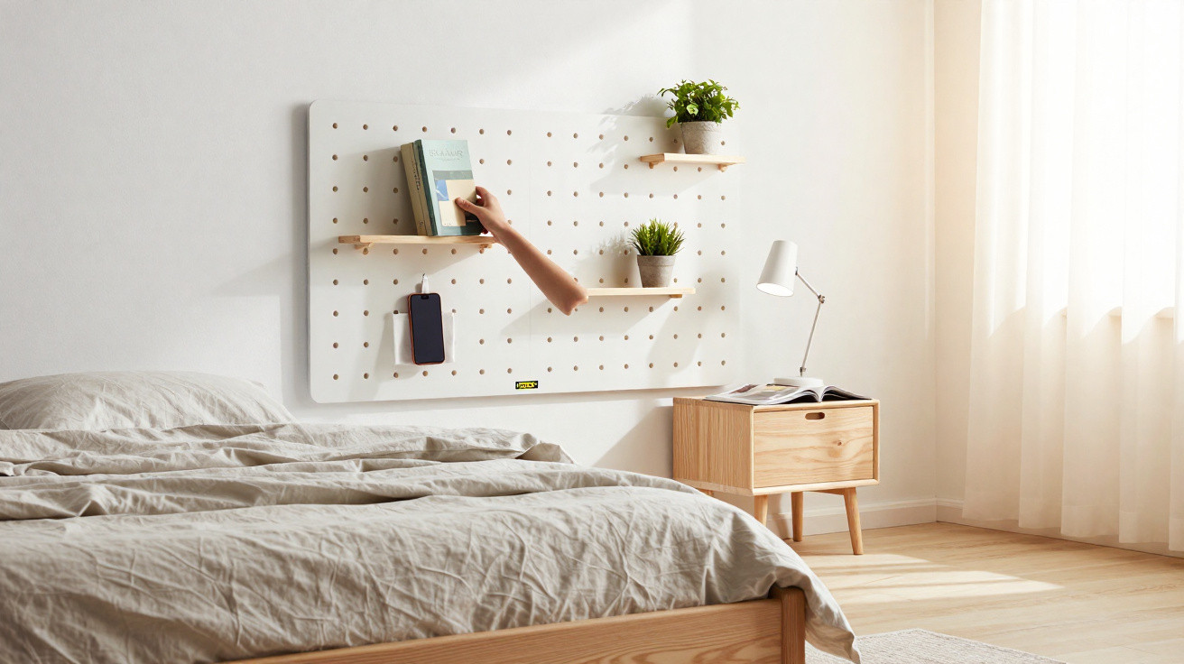 Schlichtes Schlafzimmer mit Holzbett, Nachttisch, weißen Vorhängen und einer Tafel mit Regal und Pflanzen an der Wand.