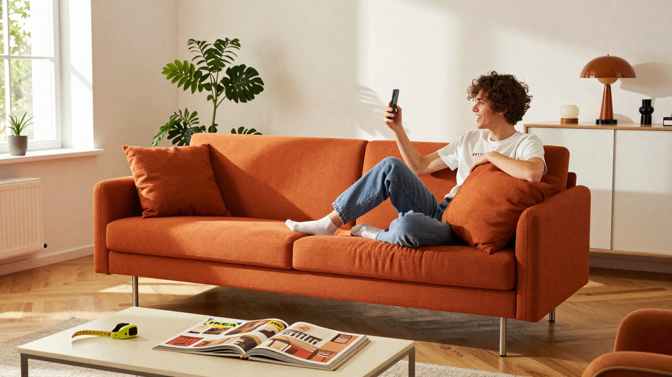 Junge sitzt auf orangefarbenem Sofa und schaut lächelnd auf ihr Handy im hellen Wohnzimmer.