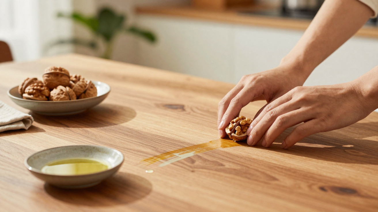Person öffnet Walnuss auf Holztisch, daneben Schälchen mit Walnüssen und Olivenöl.