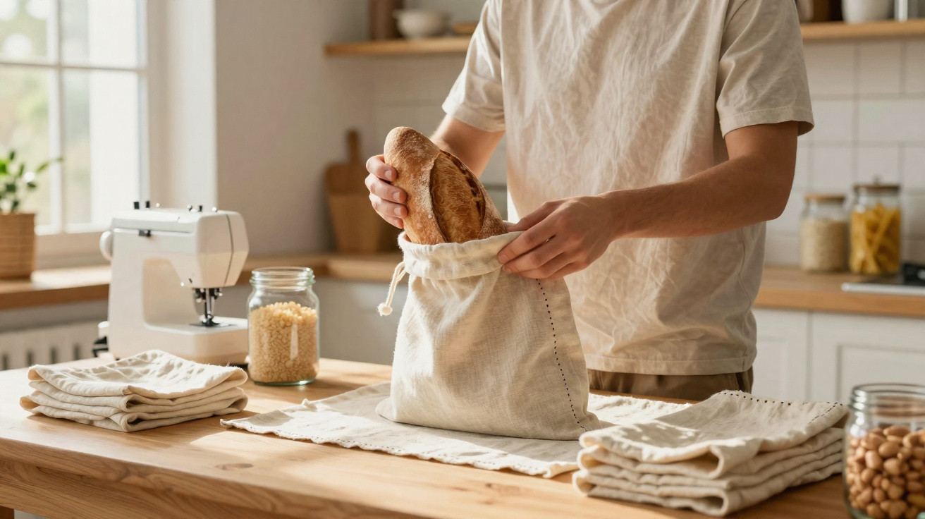 Person legt ein Baguette in eine wiederverwendbare Stofftasche in einer hellen Küche auf einem Holzwerktisch.