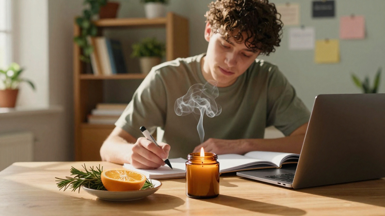 Junger Mann schreibt am Tisch mit Laptop, brennender Duftkerze und Teller mit Orange und Kräutern.