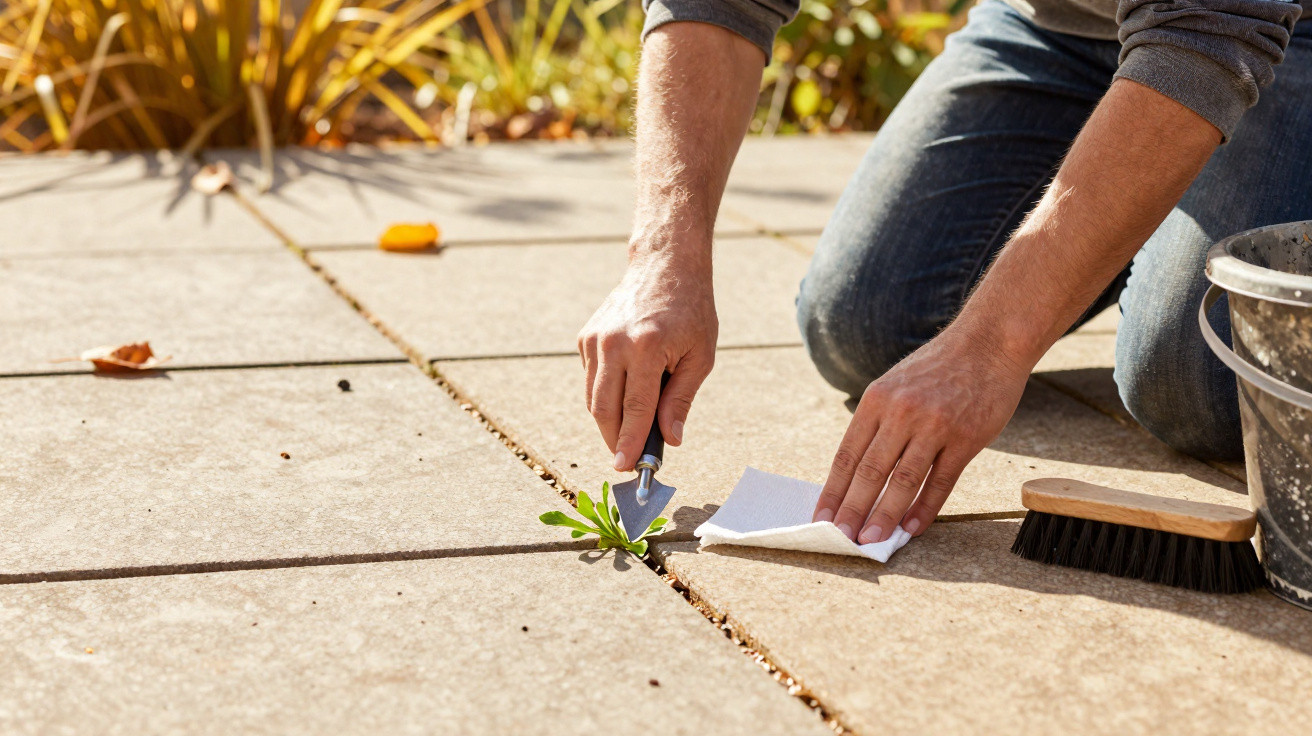 Person kniet und entfernt Unkraut zwischen Pflastersteinen mit Werkzeug und Tuch im Garten.