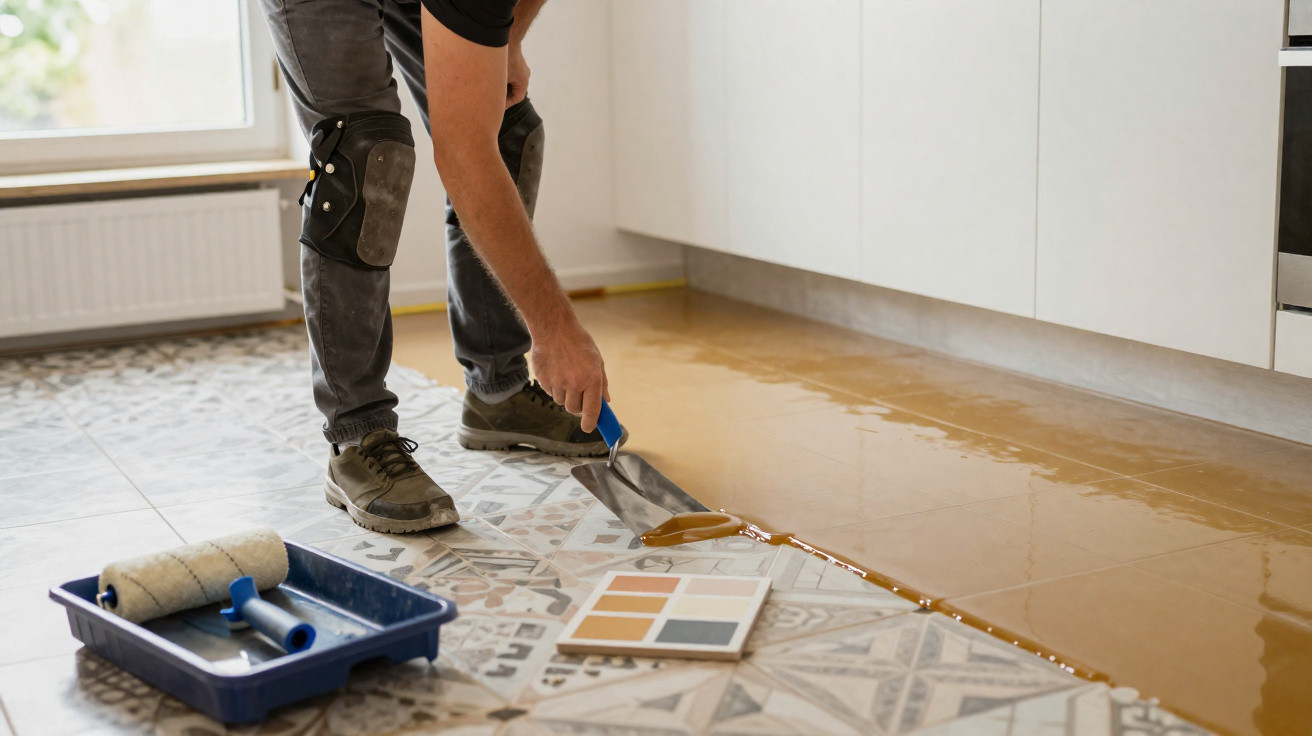 Handwerker trägt Fliesenkleber mit Kelle auf Bodenfliesen in moderner Küche auf.