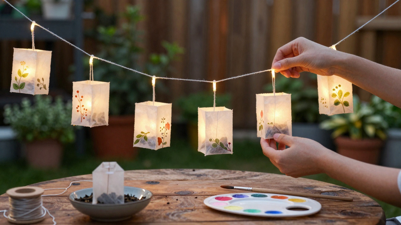 Hand dekoriert hängende Papierlaternen mit Pflanzenmotiven, beleuchtet an einer Schnur im Garten.