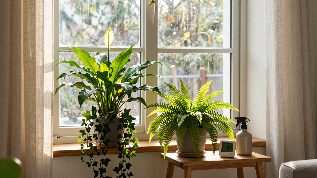 Lichte Fensterbank mit grünen Pflanzen, digitaler Temperaturanzeige und Sprühflasche vor Regentropfen am Fenster.