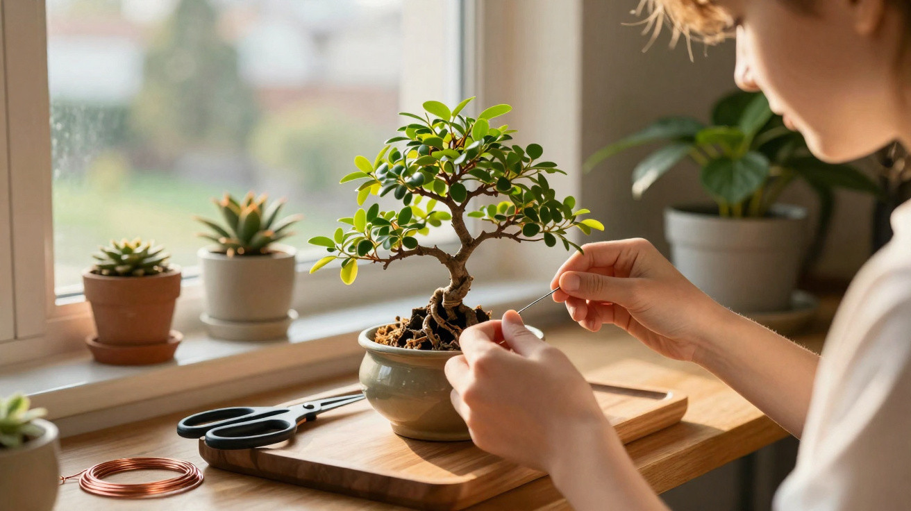 Frau pflegt kleinen Bonsai-Baum auf Fensterbank mit weiteren Pflanzen und Gartenschere bei Tageslicht.