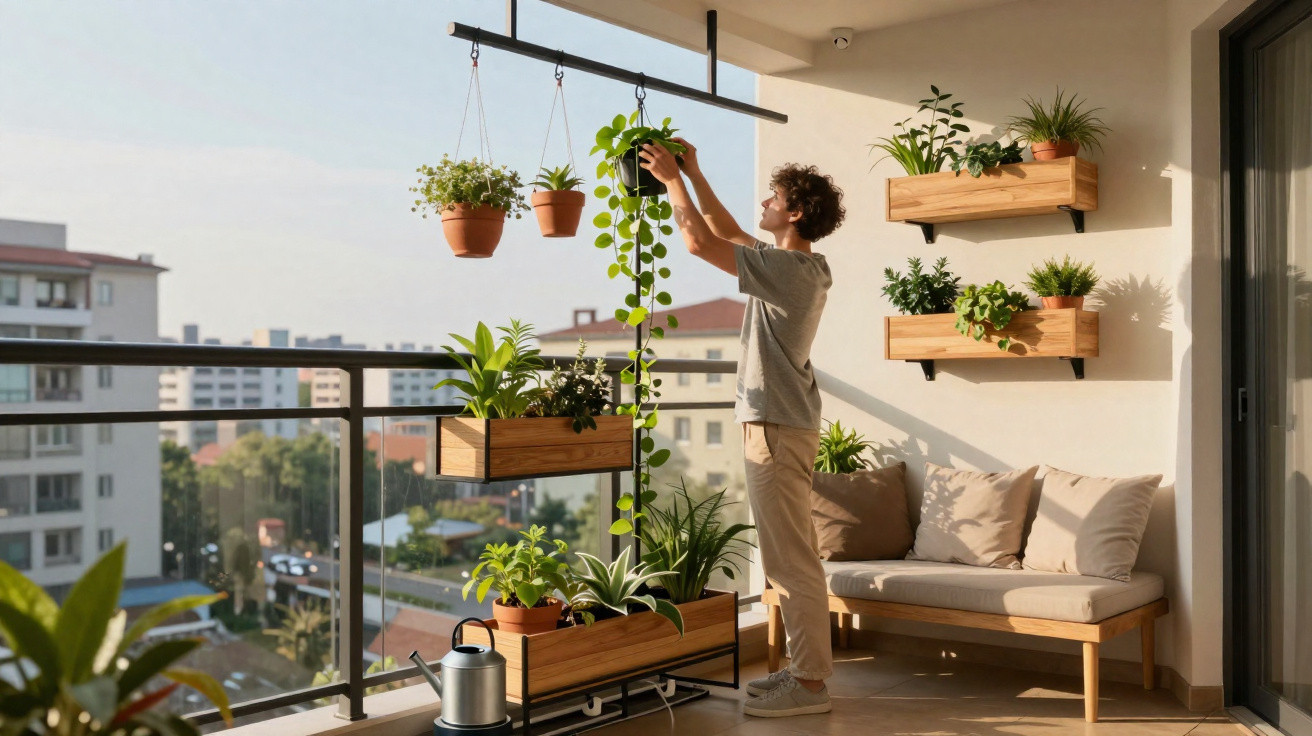 Person pflegt Pflanzen auf einem sonnigen Balkon mit stilvollen Holzkästen und hängenden Blumentöpfen.