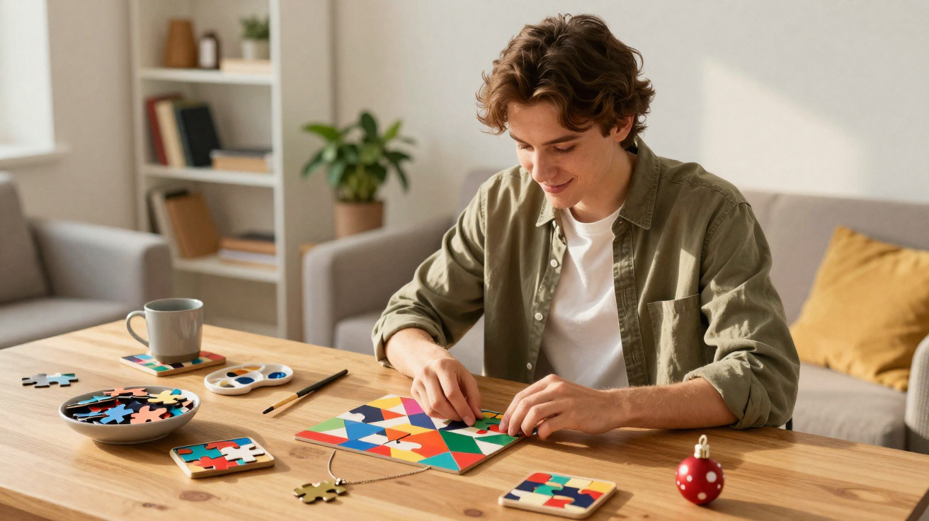 Junger Mann legt bunte Puzzles zusammen an einem Holztisch im gemütlichen Wohnzimmer.