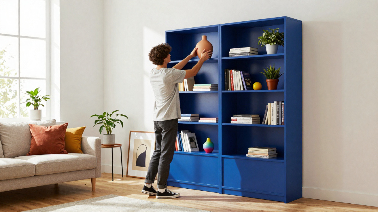 Junger Mann stellt Vase in ein blaues Bücherregal in modernem Wohnzimmer mit Sofa und Pflanzen.