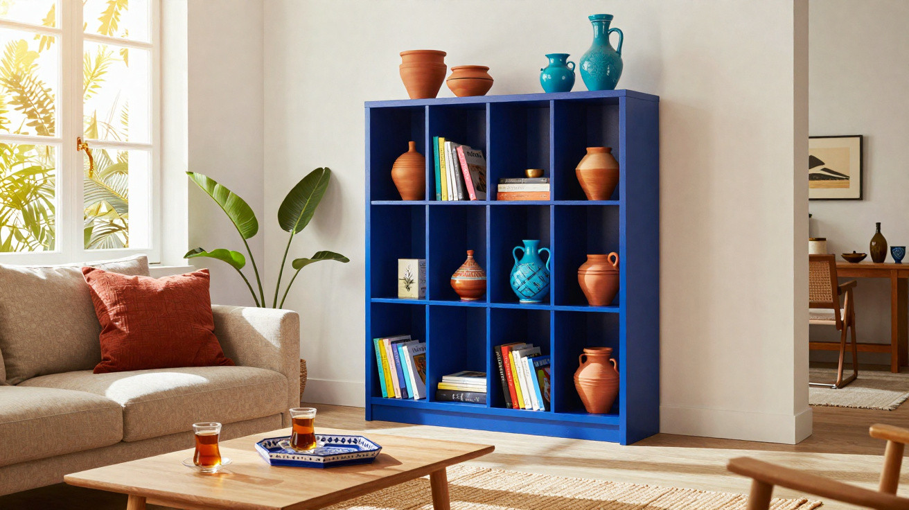 Gemütliches Wohnzimmer mit blauer Regalwand, Terrakotta-Vasen, Sofa und Holztisch mit Tee.