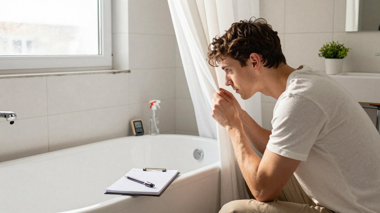 Mann schaut neugierig hinter Duschvorhang in eine leere Badewanne mit Klemmbrett und Stift.