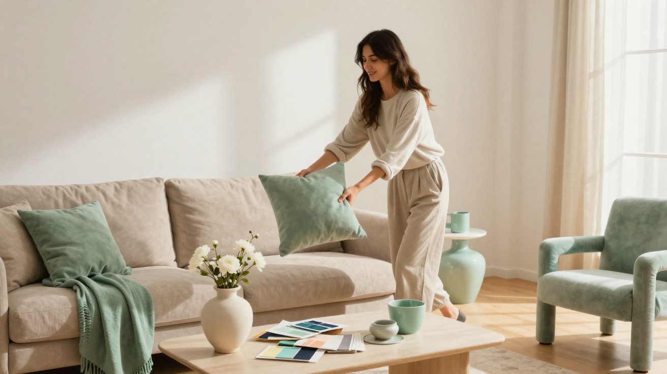 Frau dekoriert Wohnzimmer mit grünen Kissen auf beige Couch, helle Einrichtung mit Pflanzen und Bücher.