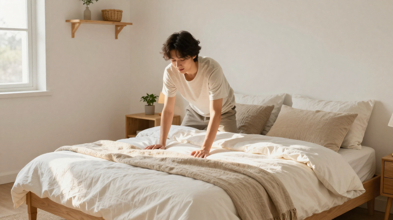 Junge Person macht Bett in hellem Schlafzimmer mit neutralen Farben und Holzmöbeln.