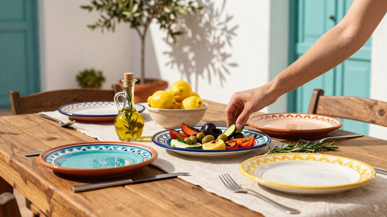 Hand nimmt Gemüse von einem bunt gedeckten Holztisch mit Zitrone und Kräutern in mediterranem Ambiente.