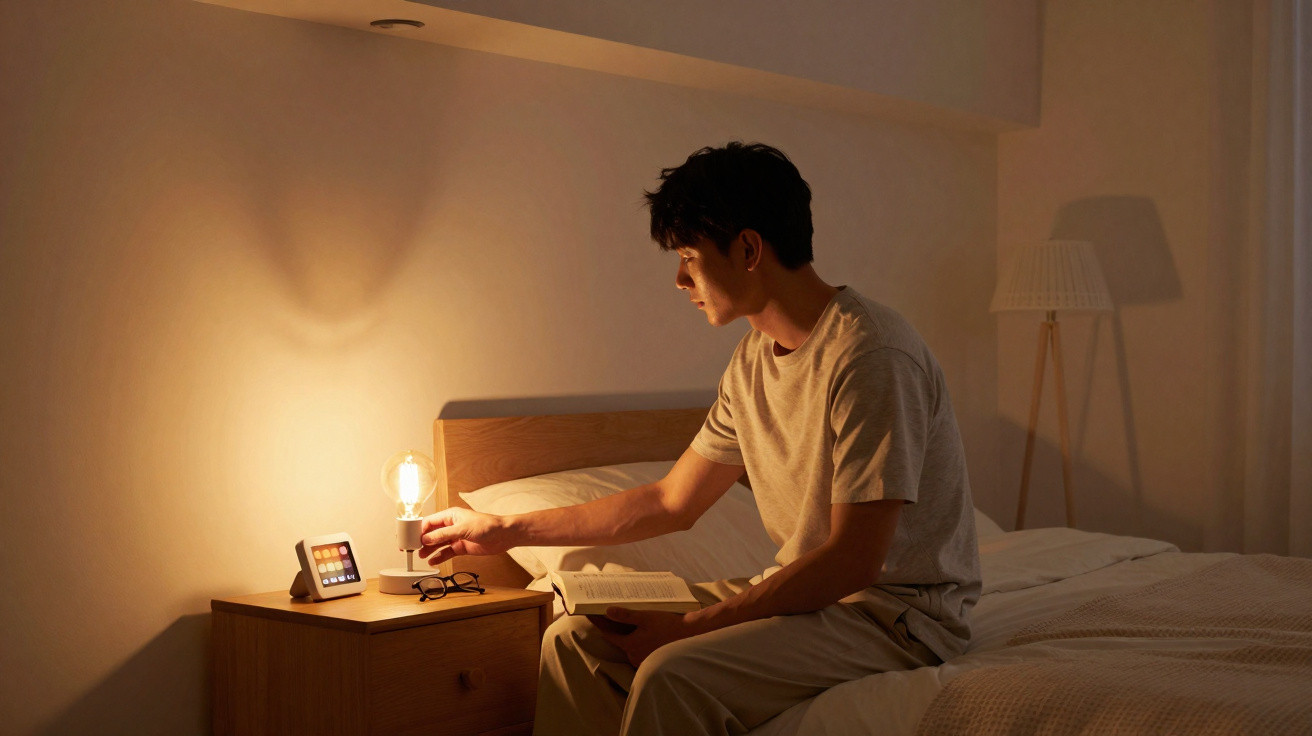 Mann sitzt auf Bett, hält Buch und schaltet nachts Lampe am Nachttisch mit digitalem Wecker ein.
