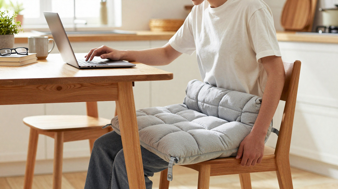 Person sitzt auf einem Holzstuhl mit grauem, gepolstertem Sitzkissen und arbeitet am Laptop an einem Holztisch.