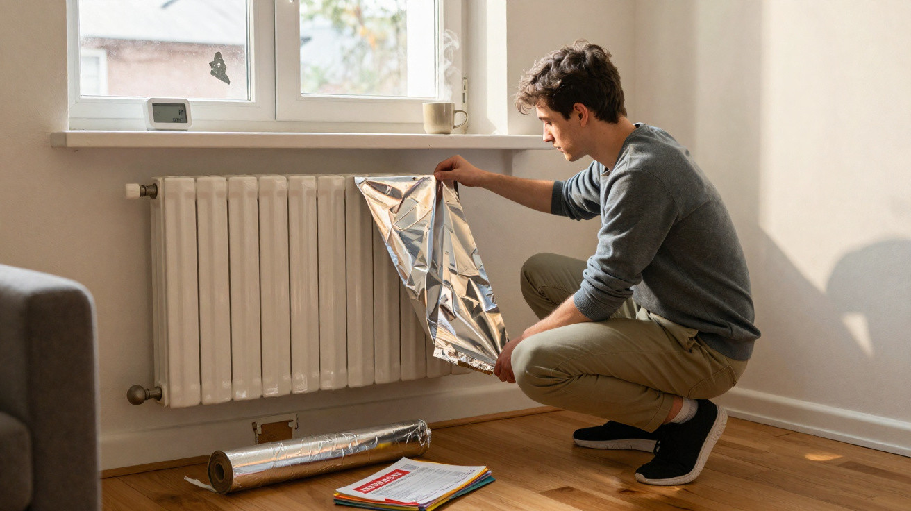 Mann klebt reflektierende Folie hinter Heizkörper vor einem Fenster, um Wärme im Raum zu halten.