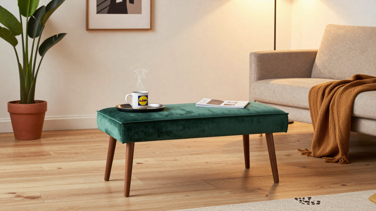 Gemütliches Wohnzimmer mit grünem Hocker, dampfender Tasse, Sofa und Pflanze im Hintergrund.