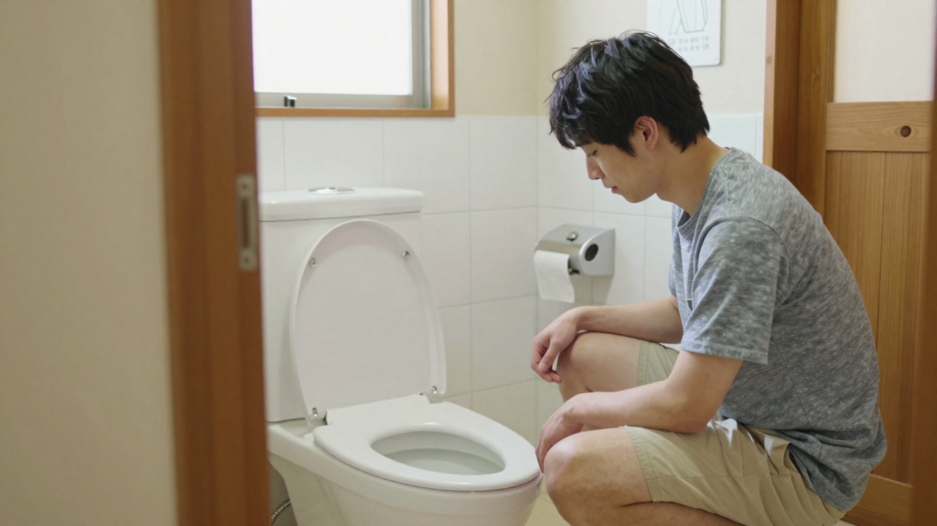 Junger Mann sitzt nachdenklich vor offenem WC in einem hellen Badezimmer.