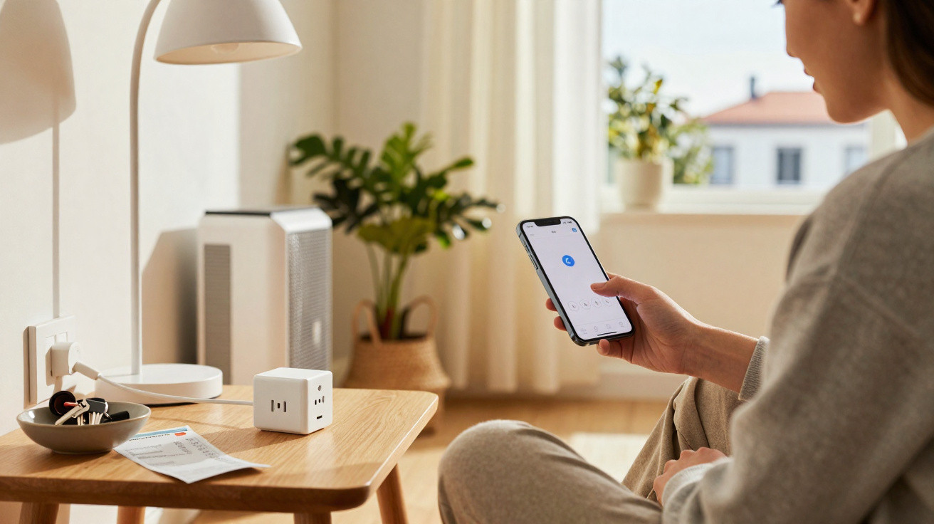 Person hält Smartphone in gemütlichem Wohnzimmer mit Tisch, Pflanzen und Fensterlicht im Hintergrund.