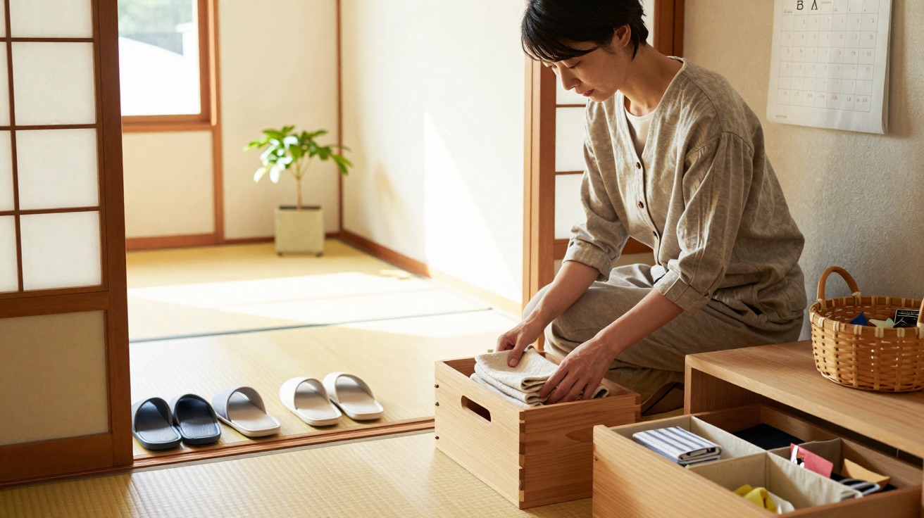 Frau im japanischen Raum faltet Kleidung und verstaut sie in einer Holzbox auf Tatami-Matteboden.