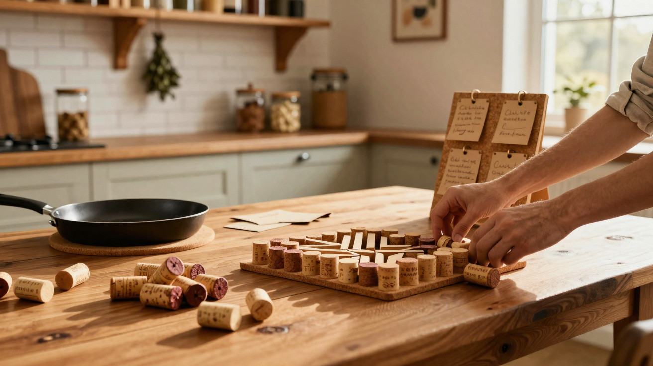 Hände spielen Schach mit selbstgemachten Spielfiguren aus Weinkorken auf einem Holztisch in der Küche.