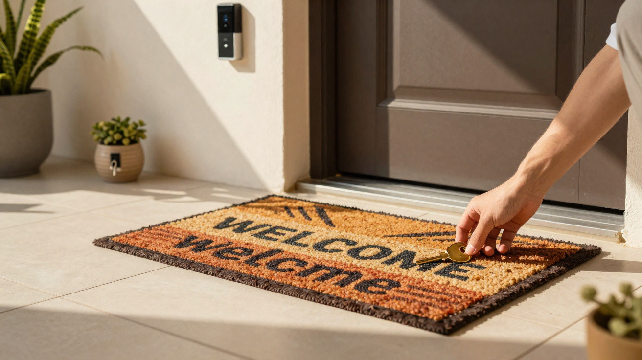 Hand legt Schlüssel auf eine Fußmatte mit der Aufschrift "Welcome" vor einer Haustür.