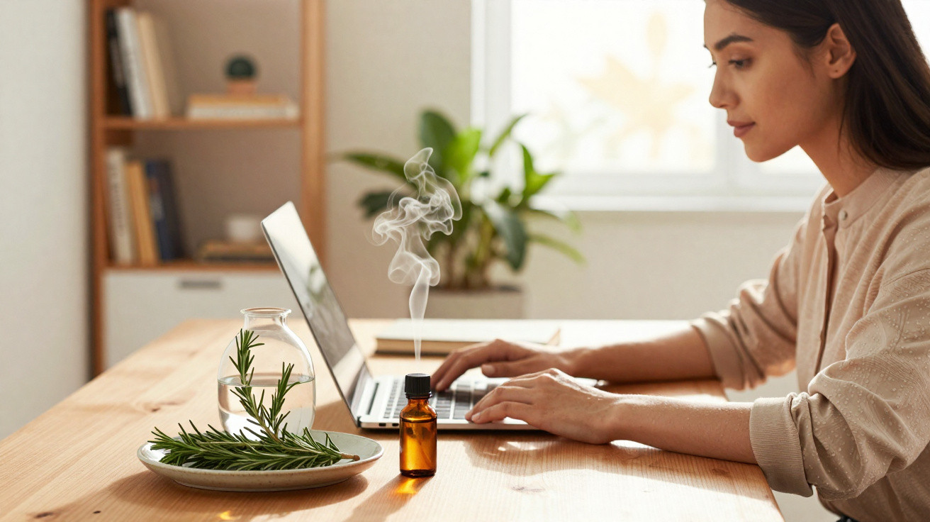 Frau arbeitet am Laptop an Holztisch mit duftendem Aromatherapie-Öl und Rosmarinzweigen im Glas.