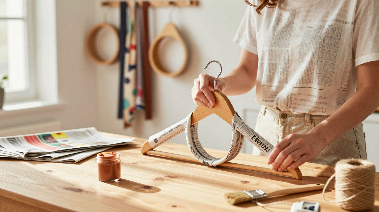 Person wickelt Zeitungspapier um einen Holzkleiderbügel auf einem Holztisch mit Bastelmaterialien.